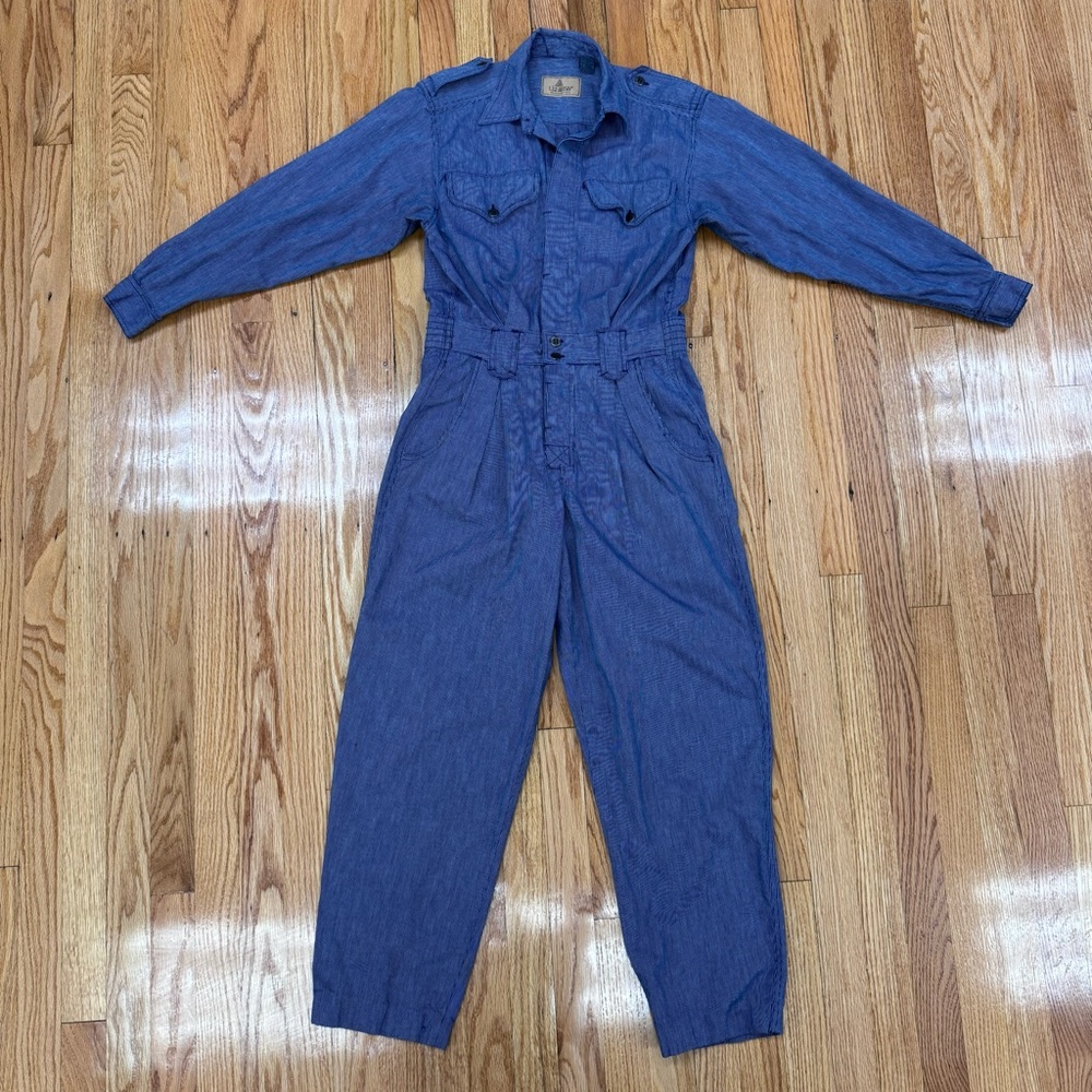 Vintage 90’s Liz Wear Blue Pinstripe Cotton Button-Up Boilermaker Jumpsuit